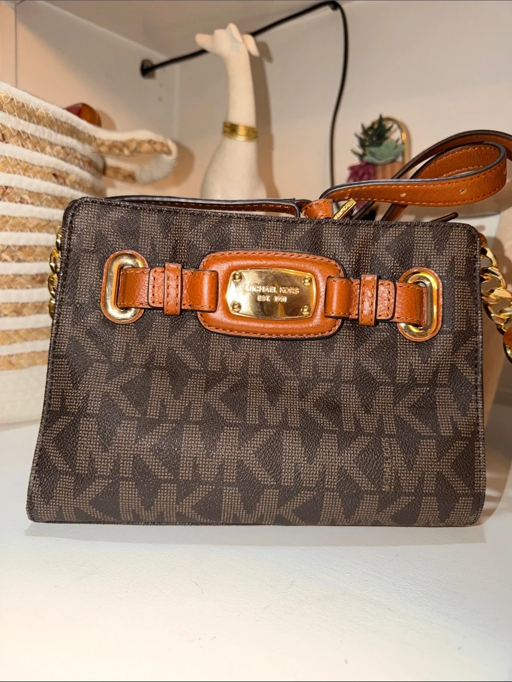 Michael Kors Brown MK Monogram Crossbody with Tan Strap and Gold Hardware
